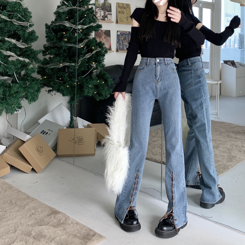 Actual shot of autumn new versatile slimming slit lace-up jeans