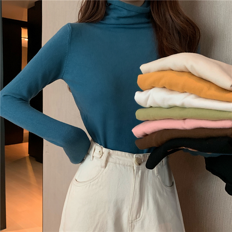Real shot of core-spun yarn personalized rolled edge knitted pile collar pullover bottoming sweater for women