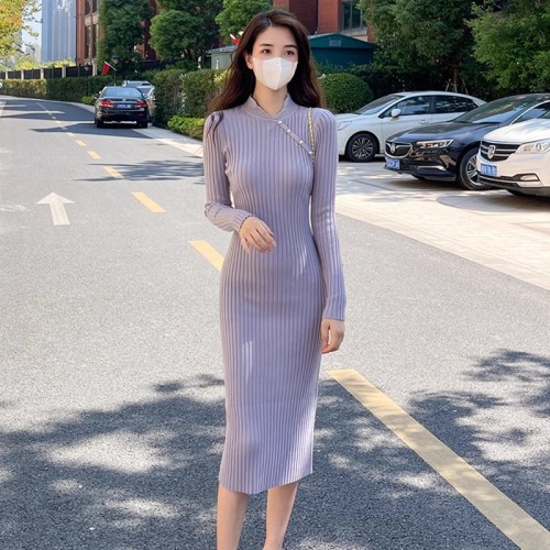 New Chinese style improved cheongsam with knitted dress for women autumn and winter slim fit mid-length slit sweater skirt