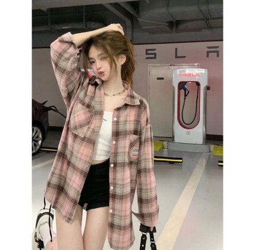 Pink brushed shirt women's high-end new  autumn plaid mid-length loose label long-sleeved top