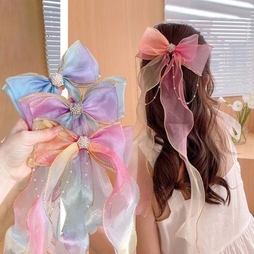 Children's streamer braided hair headdress mesh bow hairpin temperament princess fishtail hair accessories girl hairpin