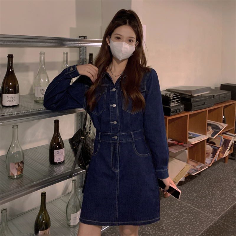 實拍牛仔連衣裙設計女裝秋季2023年新款復古收腰小個子襯衫短裙子