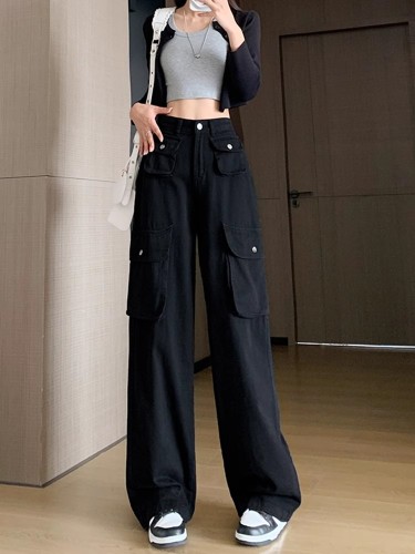 [Extra Thick Washed] American Overalls Women's High Waist Retro Loose Slimming Wide Leg Straight Casual Pants