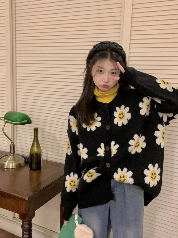 實拍~韓系提花毛衣重工菊花可愛減齡寬鬆開衫針織衫
