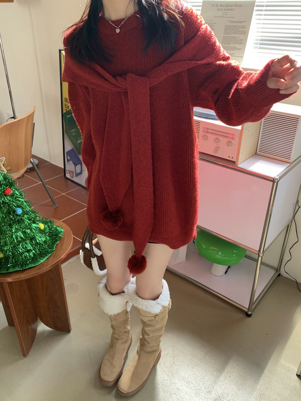 實拍 三標齊 聖誕紅圓領長袖寬鬆毛衣+帽子圍巾