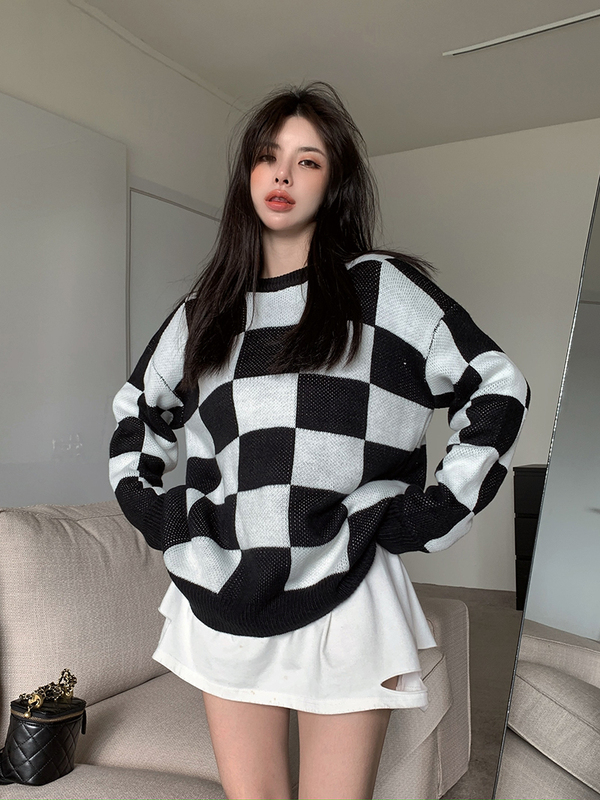 實拍 2023秋季新款百搭寬鬆韓版拼色上衣慵懶風毛衣女