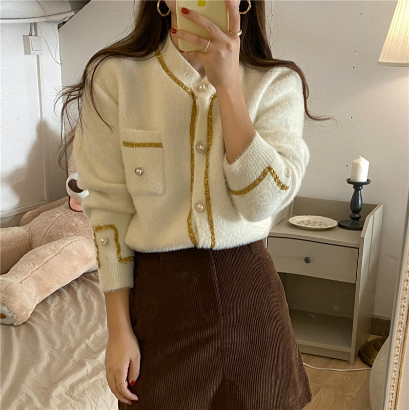 實拍 秋冬新款圓領貂絨軟糯小香風毛衣長袖外套女