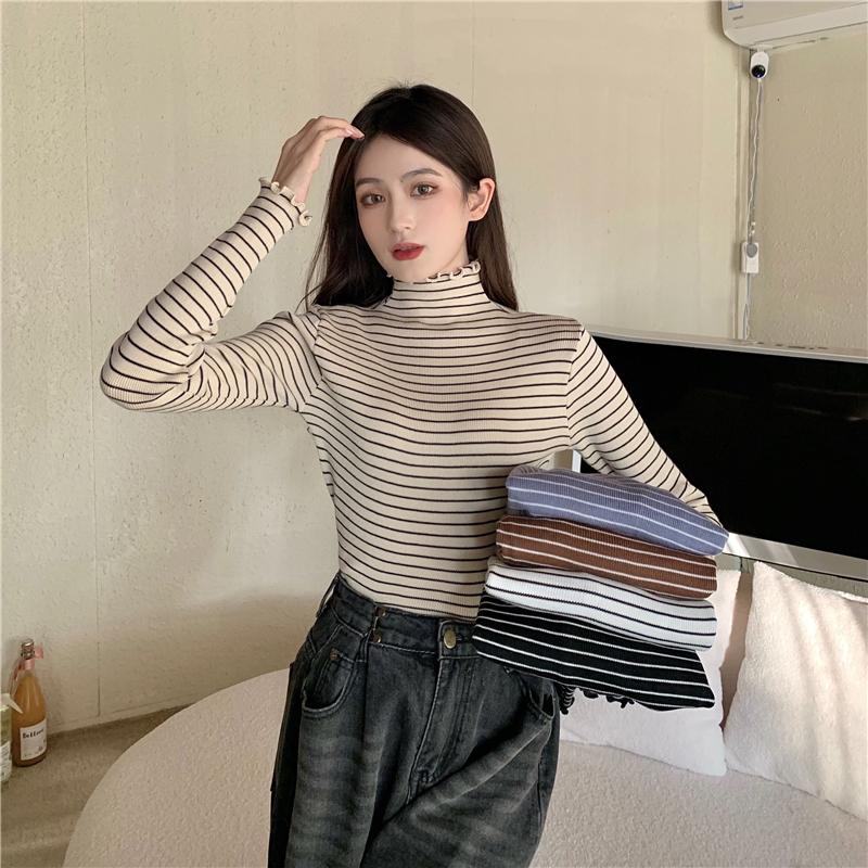 實拍 秋冬新款條紋木耳邊半高領針織打底衫顯瘦百搭上衣女