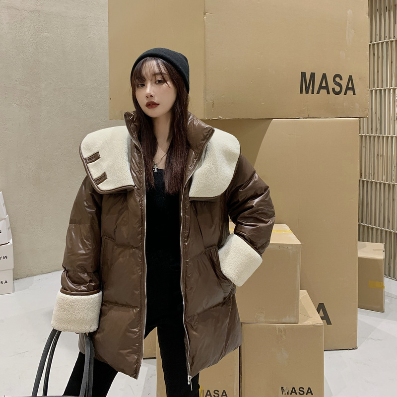 實拍！時尚韓版ins氣質外套連帽休閒皮毛拼接棉衣女潮