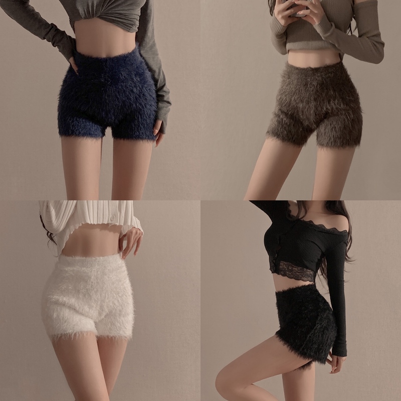 Actual shot of 2023 winter warm and thickened pure lust girl chic high waist outer wear stretch knitted woolen shorts for women