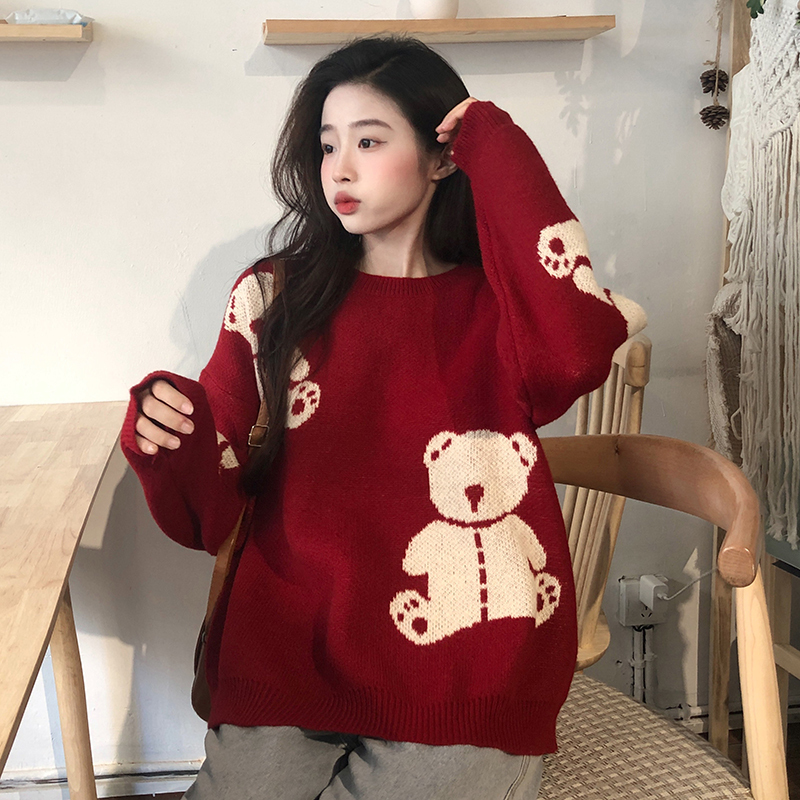 本檔原創~實拍~聖誕紅色熊熊提花毛衣女針織衫毛衣