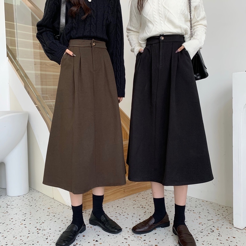 Actual shot of woolen skirt 2023 autumn and winter workwear style high-waisted elastic girl mid-length A-line skirt
