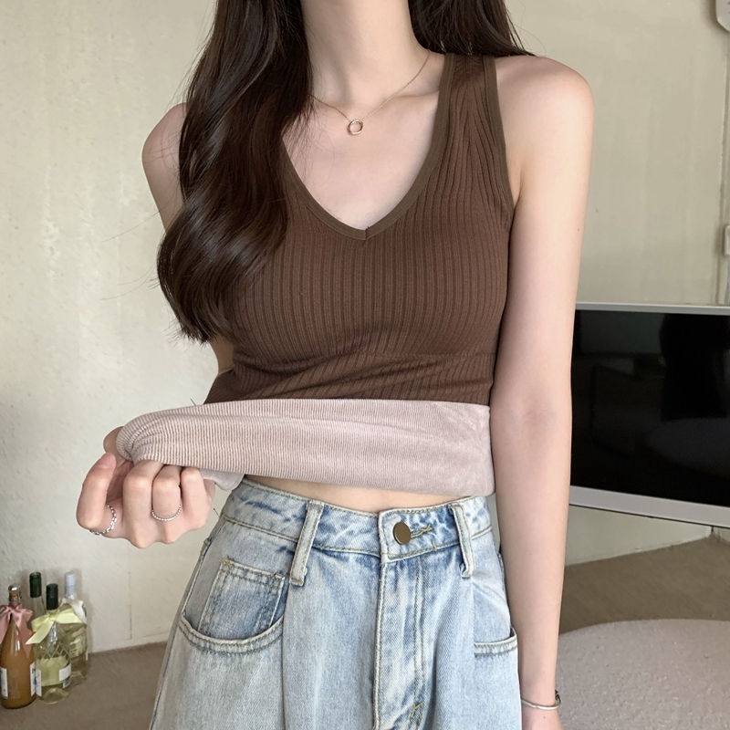 Real shot of autumn and winter Korean style slim V-neck thickened velvet inner bottoming sleeveless vest women's top