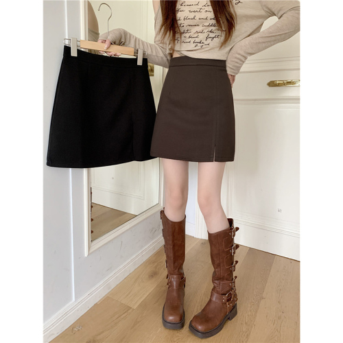 [High Quality Fabric] [450g] Autumn and Winter Woolen Skirt for Small Women with Slits to Cover Hips, One-Step A-Line Skirt High Waist