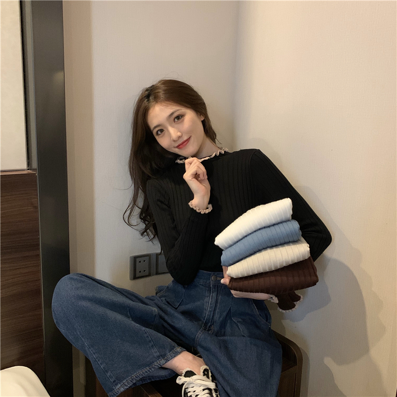實拍 冬季木耳邊半高領修身保暖加絨加厚針織衫打底衫上衣