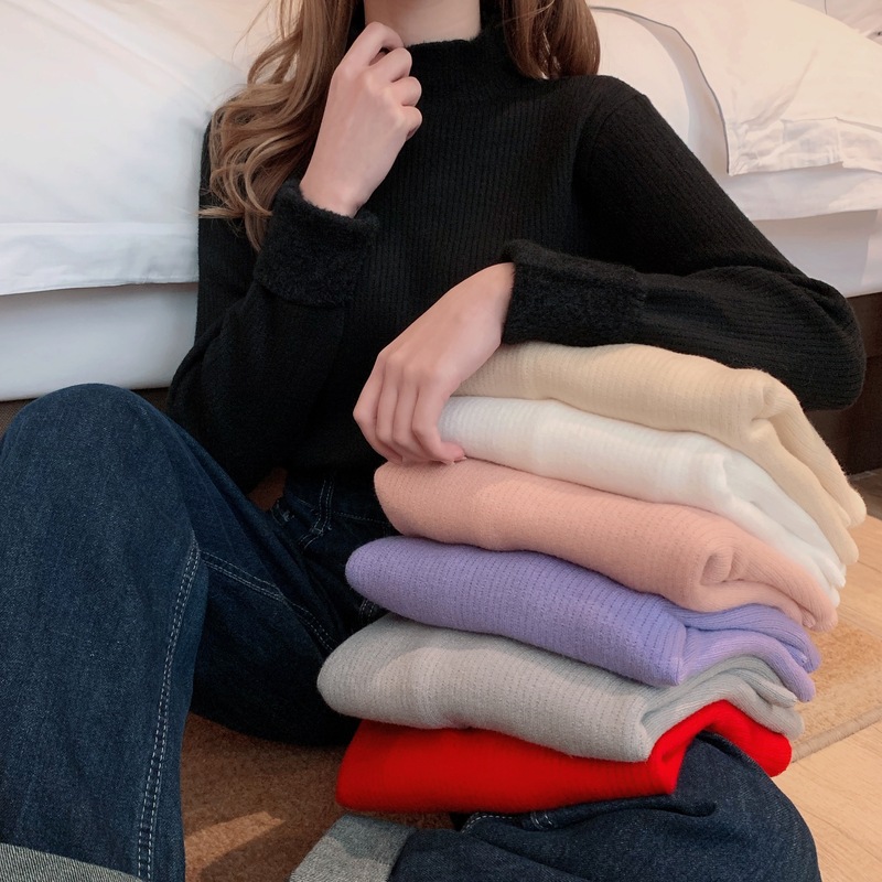 Real shot of thickened velvet bottoming sweater for women, one-piece mink velvet half turtleneck with core-spun yarn knitted sweater