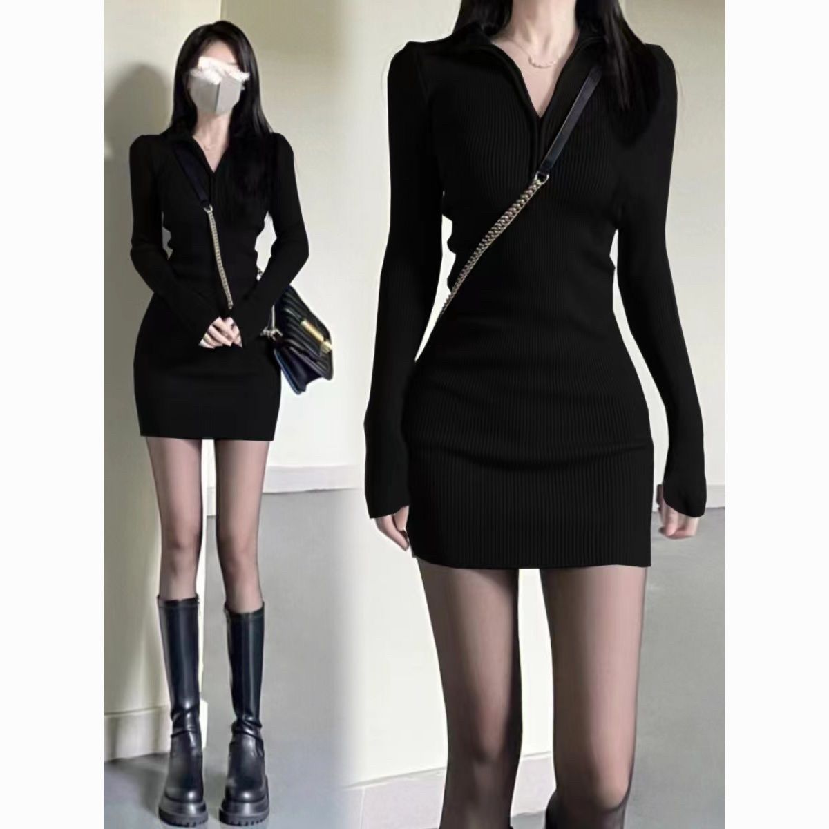 Hot girl pure lust style zippered half-high collar hip-covering slim bottoming women's autumn and winter long-sleeved little black skirt tight dress