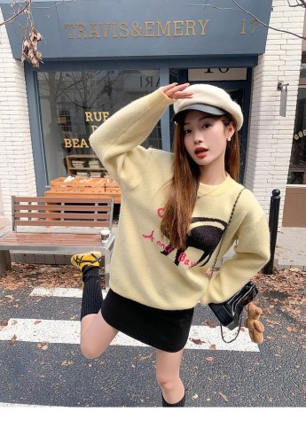 Zeng Xiaoxian Round Neck Cat Yellow Sweater Women's  Autumn and Winter New Korean Style Arctic Velvet Long Sleeve Tops