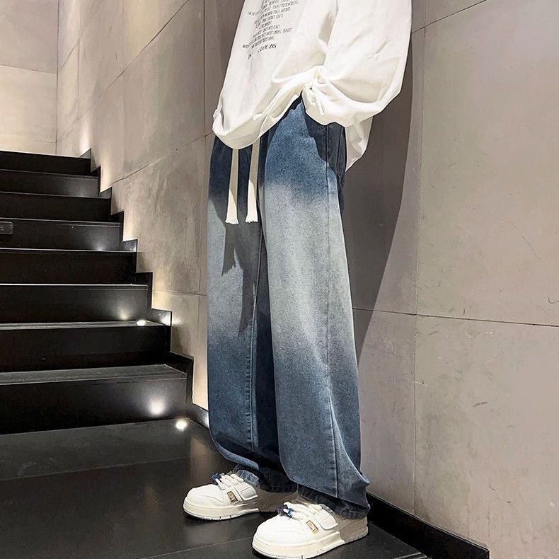 American high street vibe gradient washed plus velvet thickened jeans for men in autumn and winter loose straight wide leg long pants