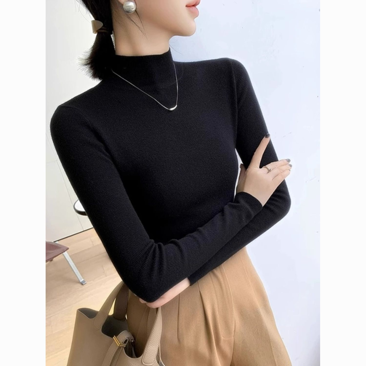 French half turtleneck sweater for women, autumn and winter top, high-end, western-style inner sweater, slim fit, trendy bottoming shirt