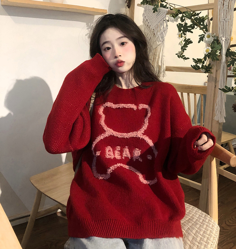 Original ~ Real Shot ~ Red Jacquard Bear Sweater Women's Long Sleeve Sweater Winter