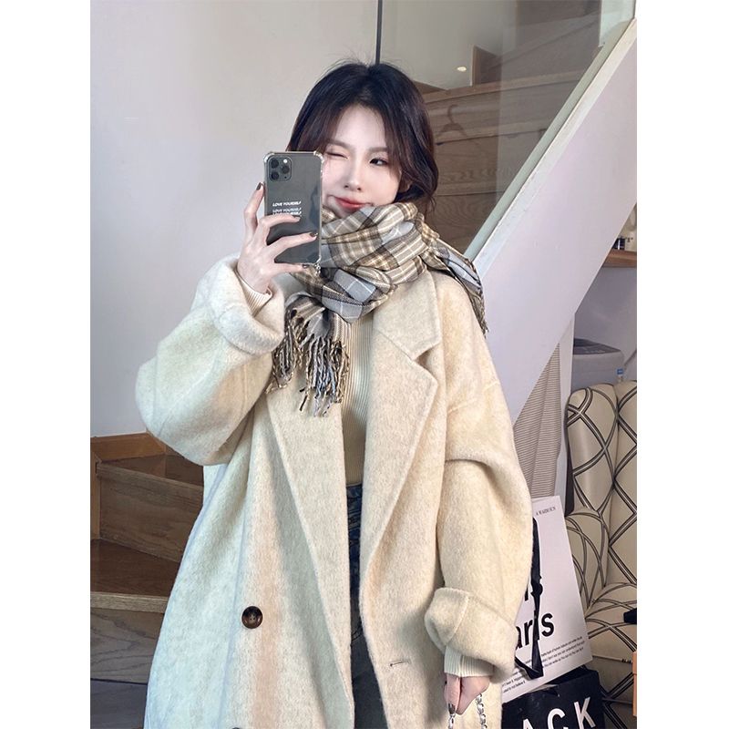 Oatmeal color double-sided cashmere coat for women 2023 new autumn and winter Korean style loose mid-length woolen coat