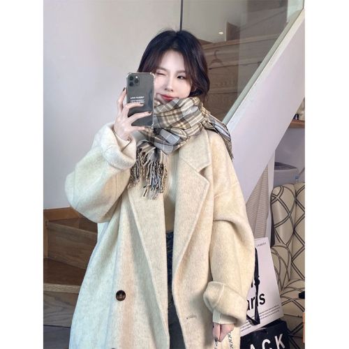 Oatmeal color double-sided cashmere coat for women  new autumn and winter Korean style loose mid-length woolen coat