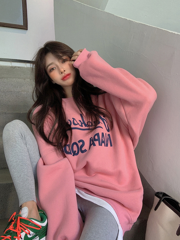 實拍 新款韓版寬鬆休閒百搭印花加棉加厚圓領套頭衛衣 女