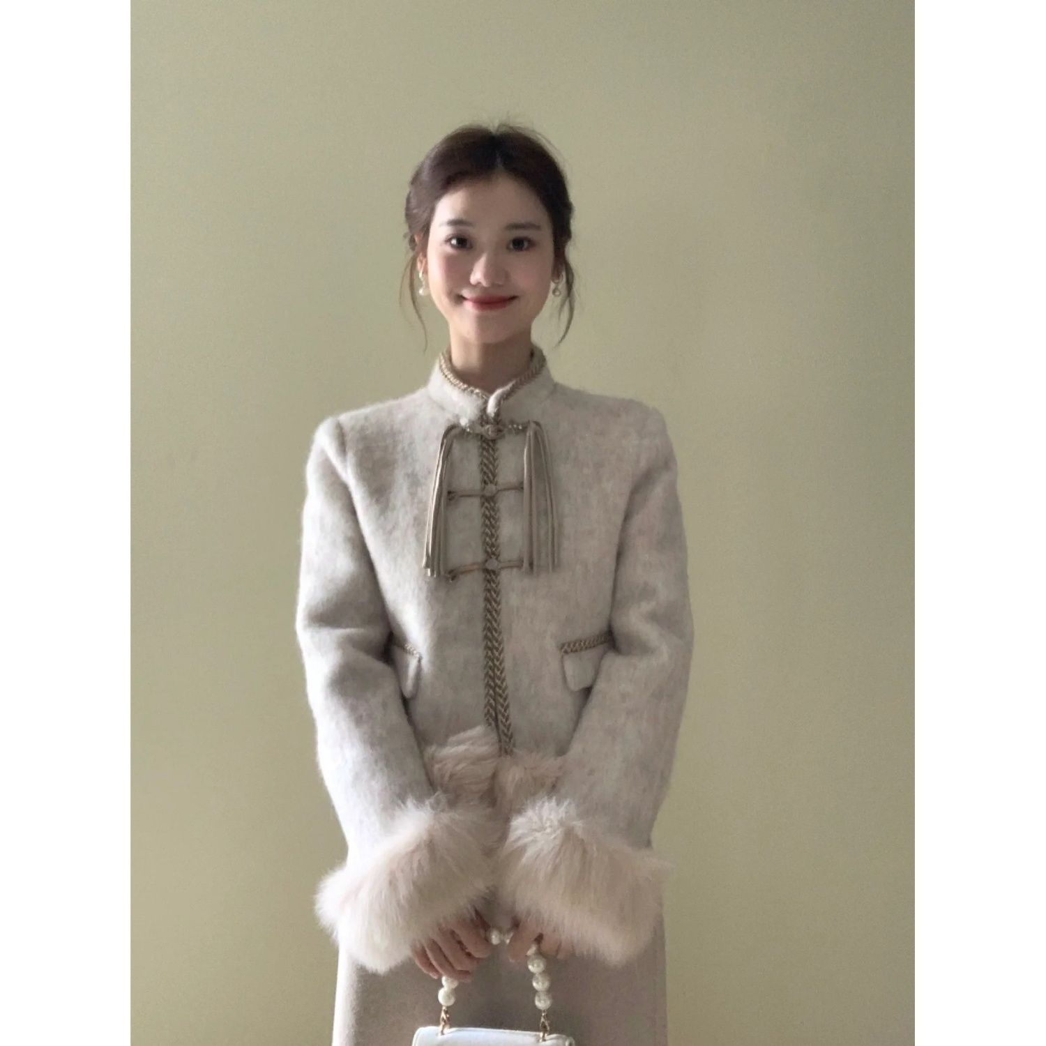 2023 autumn and winter Chinese style small fragrance suit imitation fur fur long-sleeved woolen jacket + slit skirt two-piece set