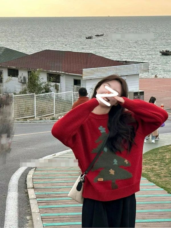 Christmas tree jacquard new sweater women's autumn and winter outer wear high-end loose lazy style round neck sweater top