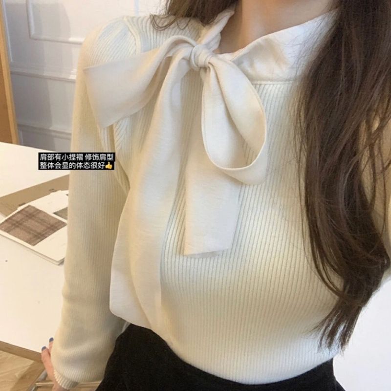 Autumn and winter new high-end temperament fashionable inner layering top French bow strap knitted sweater for women