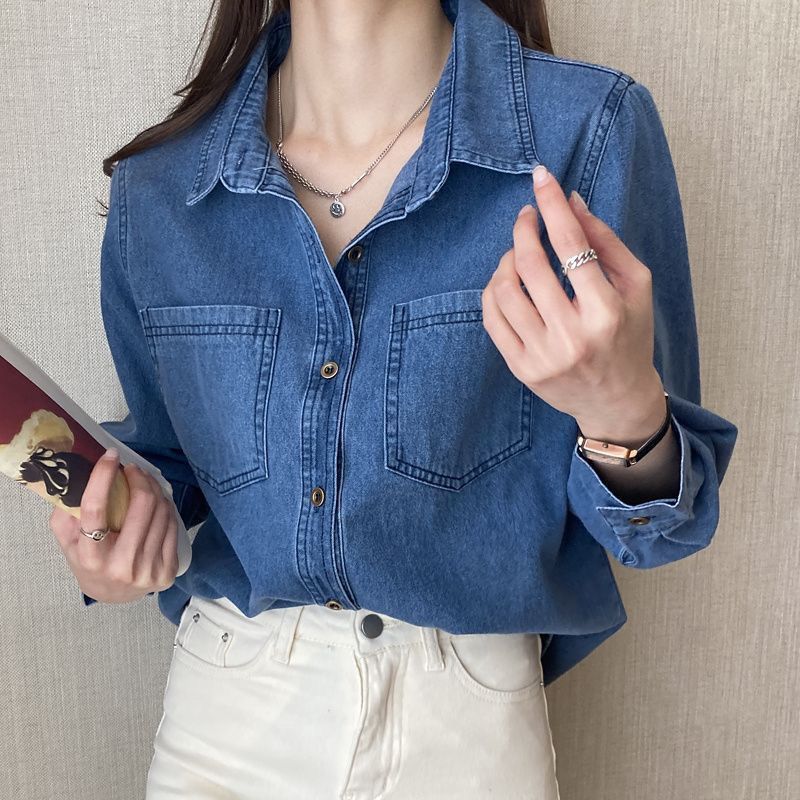 Spring denim shirt jacket for women to wear outside 2023 new style retro niche jacket for women plus velvet and thickened style