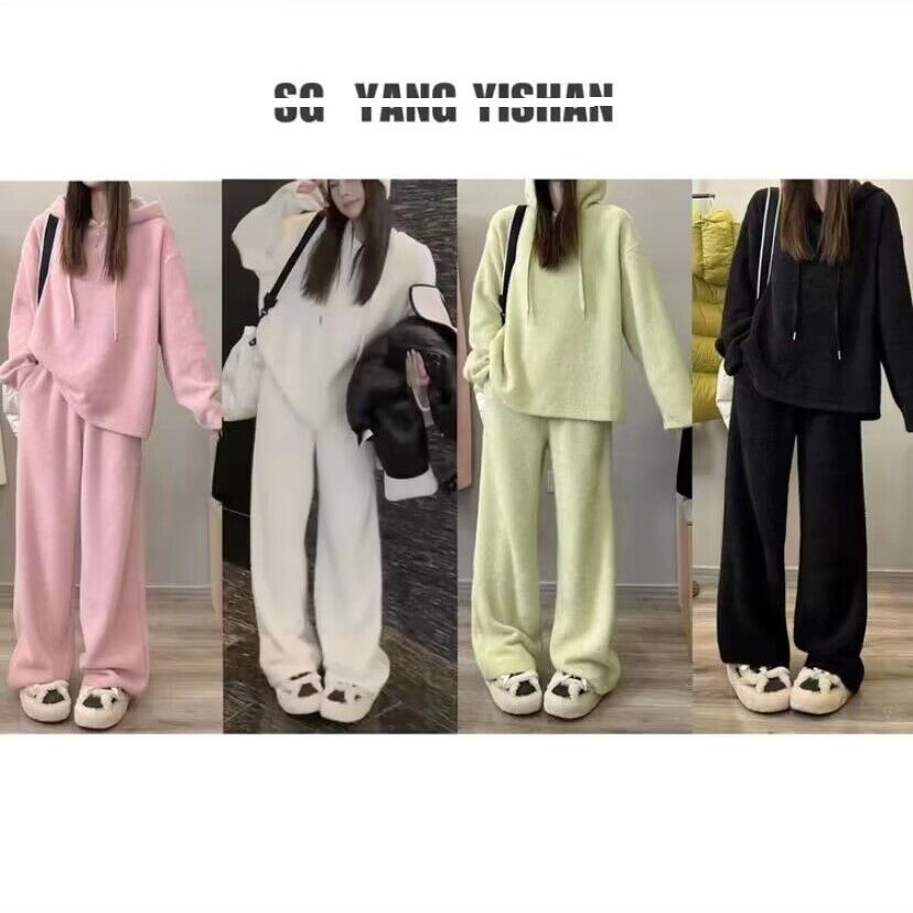 Lazy style soft plush hoodie + casual pants set