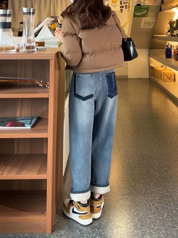 Velvet jeans retro thickened 2023 new large size fat mm high waist straight loose harem dad slim pants