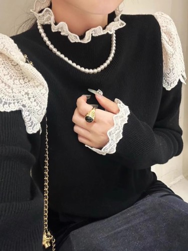 Low returns, good live broadcast style, niche design, wool half turtleneck, lace edge knitted sweater bottoming shirt top