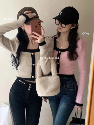 Live broadcast design niche square collar short style slim contrast color chic knitted bottoming shirt tops women's sweater