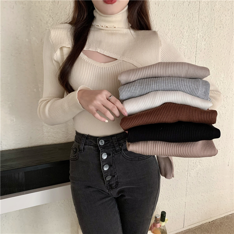 實拍 秋冬設計感假兩件打底針織衫女裝chic小眾毛衣上衣冬