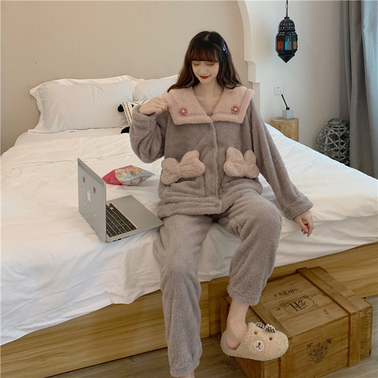 實拍~冬季新款休閒家居服寬鬆甜美睡衣兩件套
