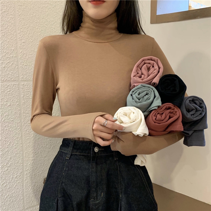 實拍 秋冬堆堆領加絨打底衫女高領長袖螺紋棉純色修身打底T