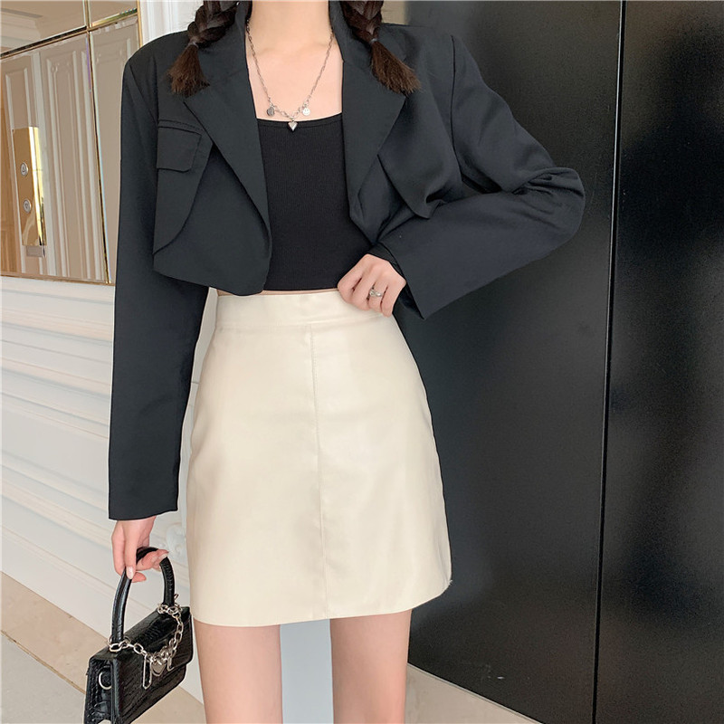 Actual shot of brown leather skirt, women's autumn and winter slimming A-line skirt, PU hip-hugging small leather skirt