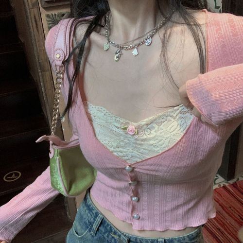 Pure desire hot girl small tease fine V-neck fake two-piece splicing lace inner long-sleeved T-shirt women's thin bottoming top autumn