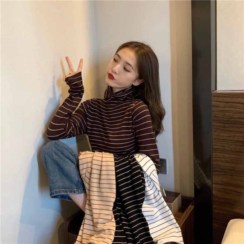 Real shot of new autumn and winter pile collar sweater pullover loose long-sleeved striped soft bottoming sweater