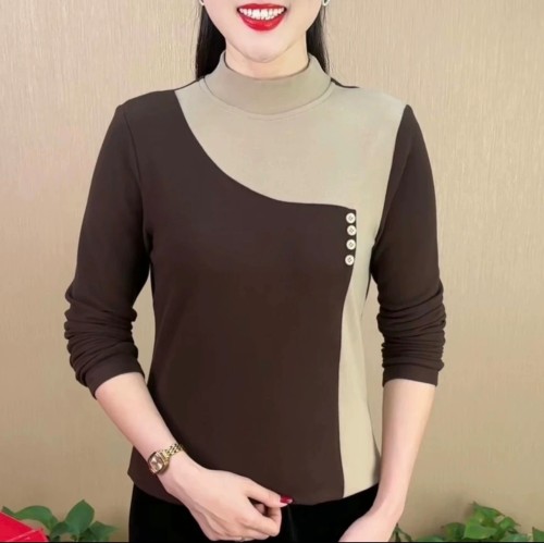 Autumn and winter women's clothing  new warm mother's wear long-sleeved T-shirt plus velvet and thickened half turtleneck color-blocked long-sleeved top