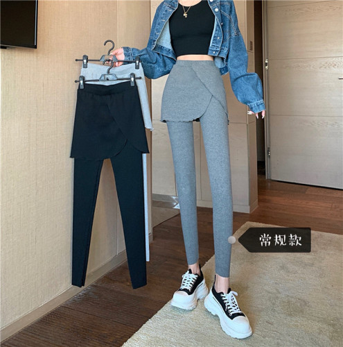 Autumn and winter real shot threaded leggings fake two-piece culottes solid color velvet nine-point pants