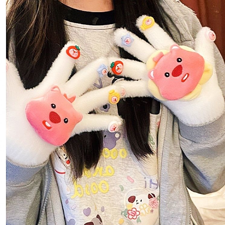 Little beaver gloves can touch the screen to play with mobile phones, autumn and winter warm student cycling plush warm couple gloves