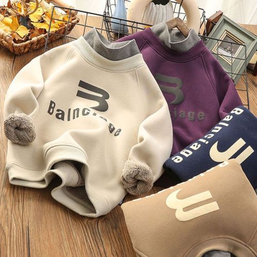 Boys' fake two-piece velvet sweatshirt, older children's one-piece velvet mid-collar bottoming shirt, children's clothing thickened top, new trendy winter style