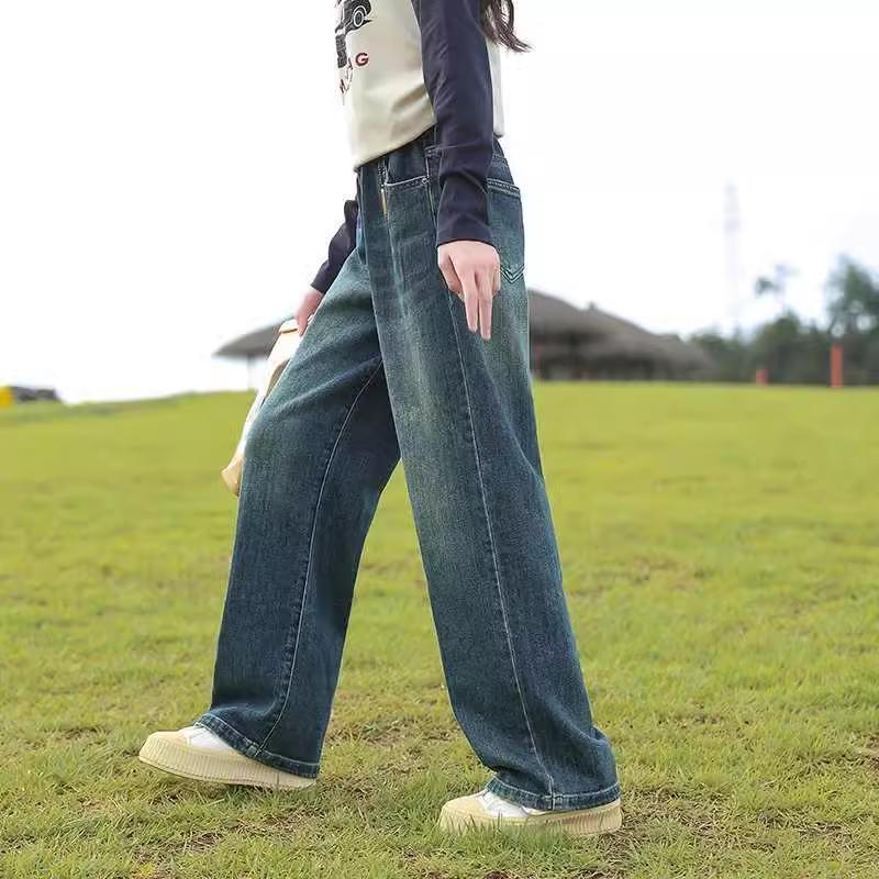 Girls' jeans autumn new style children's casual trousers for middle and large children autumn and winter plus velvet style straight-leg pants for girls