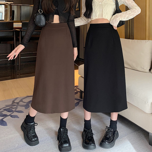 [450g] Autumn and winter woolen high-waisted skirt for women, versatile back slit, hip-covering A-line mid-length skirt