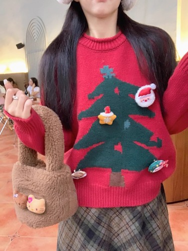 New Year and Christmas knitted sweater for women autumn and winter  new design soft and waxy loose pullover long-sleeved top