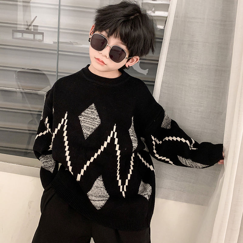 Boys' Sweater 2023 Autumn and Winter New Korean Style Thick Knitted Sweater for Medium and Large Children, Western Style and Versatile Warm Pullover Sweater
